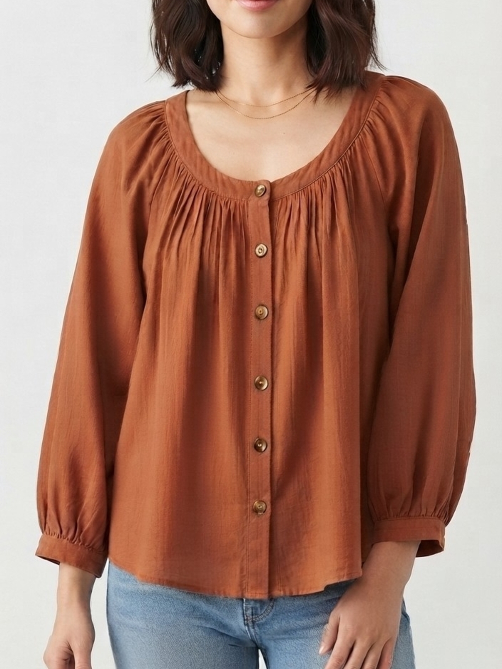MUI Silk Scooped Neckline Button-Front Relaxed Fit Peasant Blouse Long Sleeve
